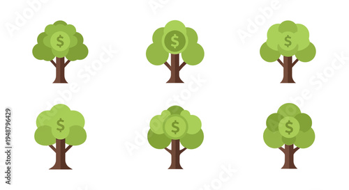 Money Tree Icons: Financial Growth, Investment, and Wealth Concept