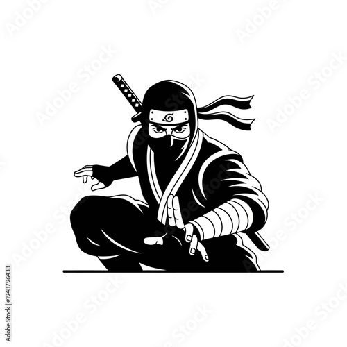 Ninja Warrior Crouching Pose, Black and White Silhouette, Martial Arts Fighter