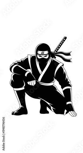 Ninja Warrior Crouching Stealthily with Katana Sword on White Background