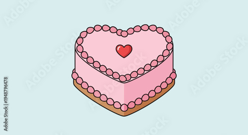 Heart Shaped Cake with Pink Frosting and Red Heart Topper - Isometric View