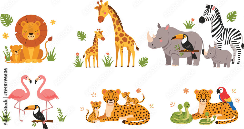 Fototapeta premium Cute Safari Animal Families Cartoon Vector Set with Lion, Giraffe, Rhino, Zebra, Flamingo, Leopard and Tropical Birds