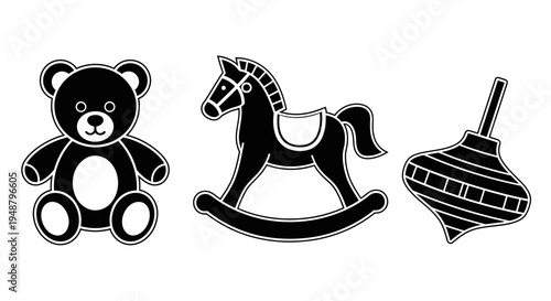 Black Silhouette Icons: Teddy Bear, Rocking Horse, Spinning Top - Classic Toys Collection