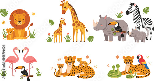 Cute Safari Animal Families Cartoon Vector Set with Lion, Giraffe, Rhino, Zebra, Flamingo, Leopard and Tropical Birds