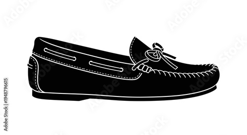 Black Moccasin Shoe Silhouette, Classic Loafer Style, Isolated on White Background