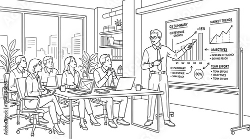 "Line drawing of six people in conference room with presenter showing Q4 revenue growth chart."
