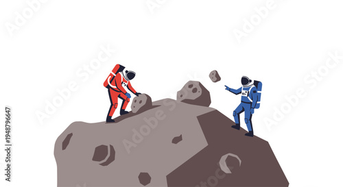 Astronauts exploring asteroid, space exploration, scientific research, teamwork in cosmos