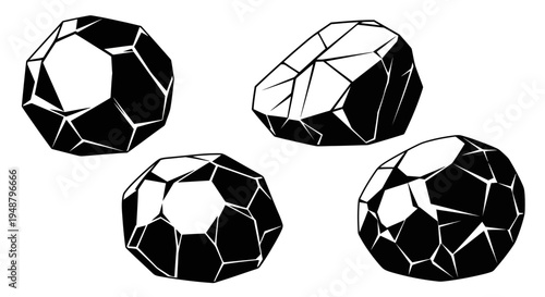 Abstract geometric shapes, faceted spheres, black and white, minimalist design