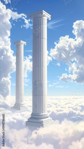 Two white pillars rising above fluffy clouds under blue sky