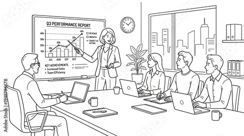"Line drawing of six people in conference room with presenter showing Q4 revenue growth chart."