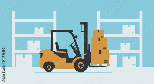 Yellow Forklift Truck Moving Boxes in Warehouse Storage Shelves