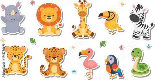 Cute Safari Animal Sticker Style Cartoon Vector Set with Lion, Giraffe, Zebra, Rhino, Leopard, Flamingo and Toucan