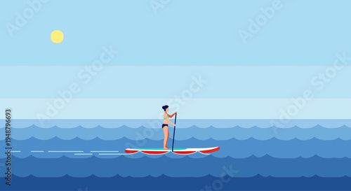 Woman paddleboarding on sunny day, active lifestyle, water sports, summer vacation