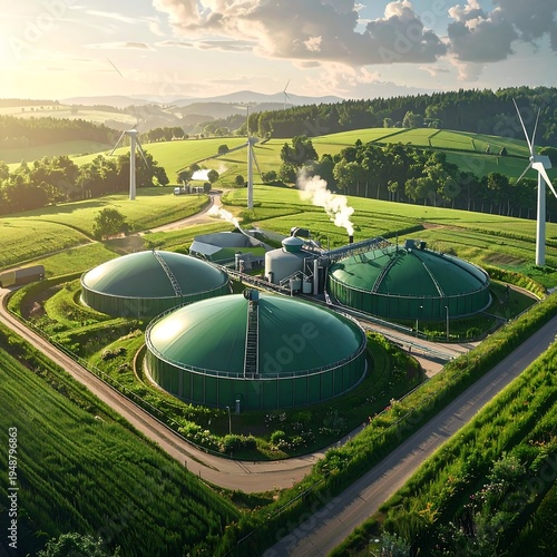 Aerial view of green domed biogas plant in a lush landscape