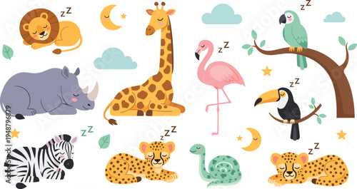 Cute Sleeping Savannah Animals Cartoon Vector Set with Lion, Giraffe, Zebra, Rhino, Flamingo, Toucan and Leopard Characters