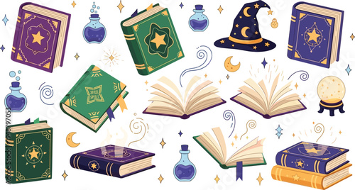 Magic Spell Books and Wizard Elements Cartoon Vector Set with Potions, Crystal Ball, Witch Hat and Open Grimoires