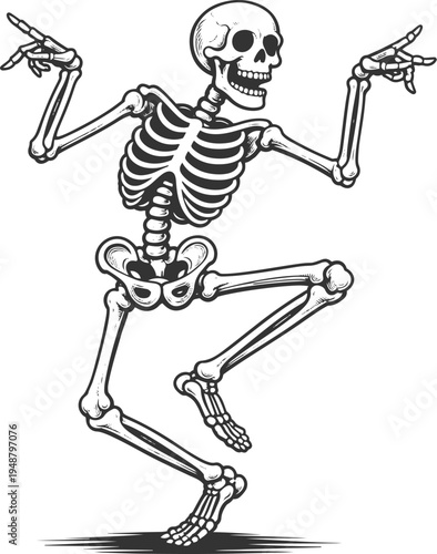 Dancing skeleton vintage engraving Halloween vector illustration
