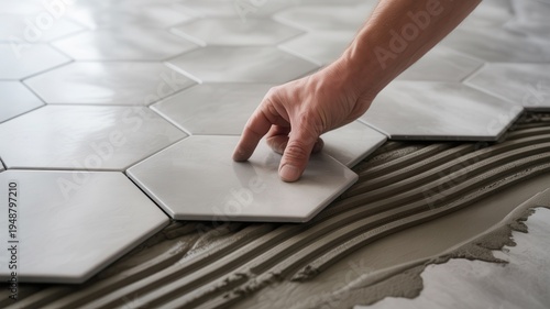 Hand placing hexagonal tiles on wet cement floor