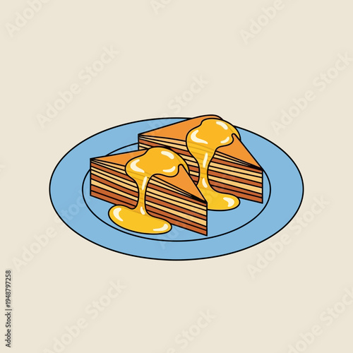 Two slices of layered cake with golden sauce drizzled on a blue plate.
