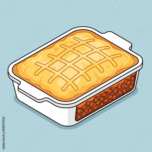 A detailed illustration of a baked casserole dish with a golden crust.