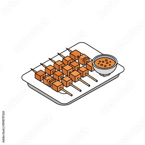 A plate of delicious skewers with a small bowl of dipping sauce.