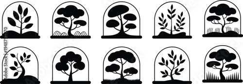 tree terrarium icon set, botanical plant dome illustration, nature garden silhouette collection, eco forest vector symbols for logo design