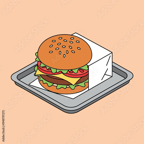 A delicious burger with sesame seeds on a tray, wrapped in paper, ready to eat.