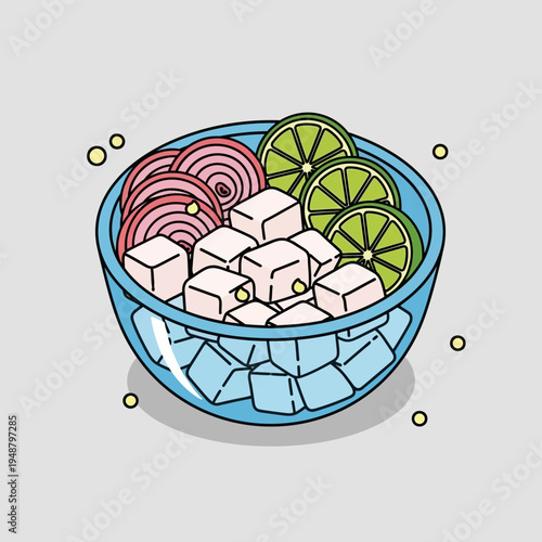 A vibrant illustration of a poke bowl, showcasing fresh ingredients in a clear glass bowl.