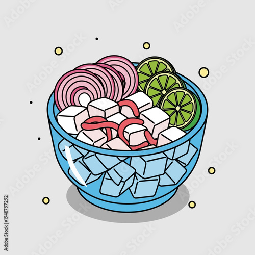 A vibrant illustration of a refreshing ceviche bowl with fresh ingredients.