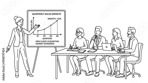 "Line drawing of four people in meeting with presenter pointing to success graph on board."