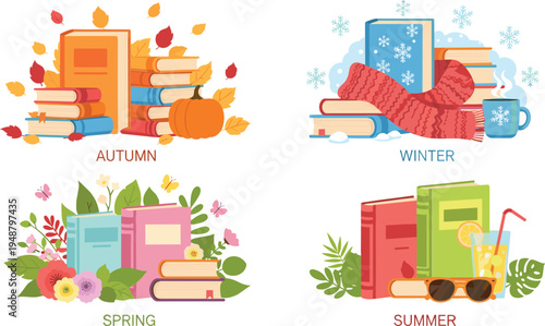 Seasonal Reading Book Collection Vector Illustration with Autumn Leaves, Winter Scarf, Spring Flowers and Summer Vacation Elements