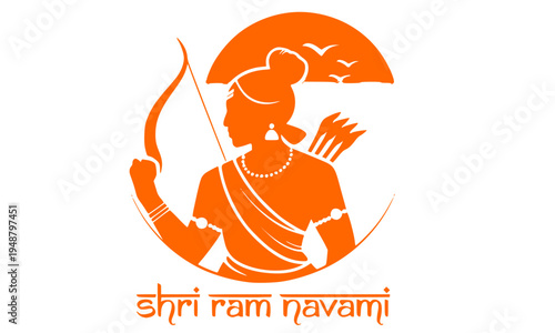 Shri Ram Navami circular orange silhouette emblem of Lord Rama archer drawing bow with quiver on white background, clean round logo badge for Hindu festival design use