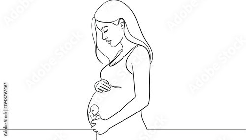 Pregnant woman line art illustration, expecting mother silhouette, pregnancy motherhood concept, baby inside womb outline drawing isolated background