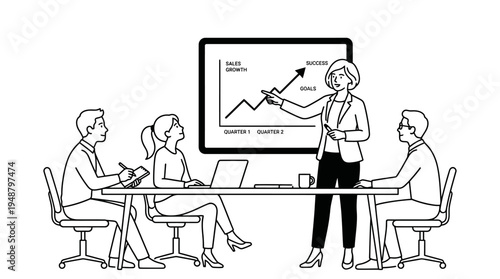 "Line drawing of four people in meeting with presenter pointing to success graph on board."