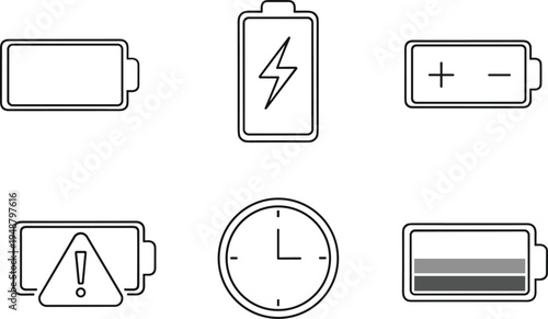 Collection of six battery icons showing empty, charging, polarity, warning, time usage, and partial charge, isolated on white background for energy, power, and device interface concepts.