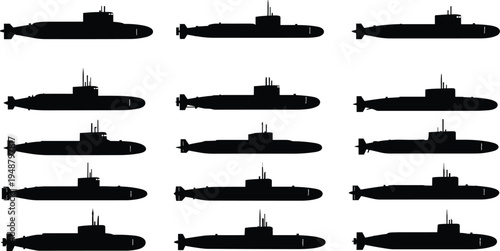Submarine silhouettes collection, military naval submarines set, underwater warship icons, navy submarine vector illustration pack, defense vessel =