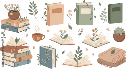 Cozy botanical books collection vector illustration with plants flowers open books tea cup blanket aesthetic reading set