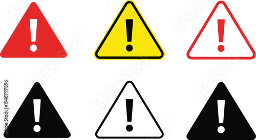 Collection of triangular warning exclamation mark icons in red yellow and black styles for alert notifications safety signs hazard awareness and error message interfaces