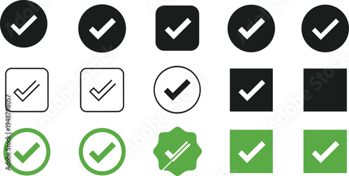 Comprehensive set of check mark icons featuring green black and outline styles in circle and square shapes for quality assurance approval and task completion