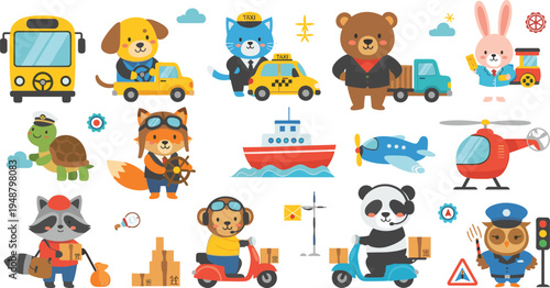Cute animal transportation jobs cartoon vector set with taxi driver pilot captain courier scooter delivery characters