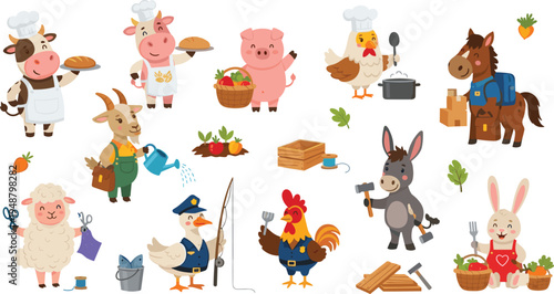 Cute farm animals professions cartoon vector set with cow baker pig farmer chicken chef donkey builder rabbit gardener