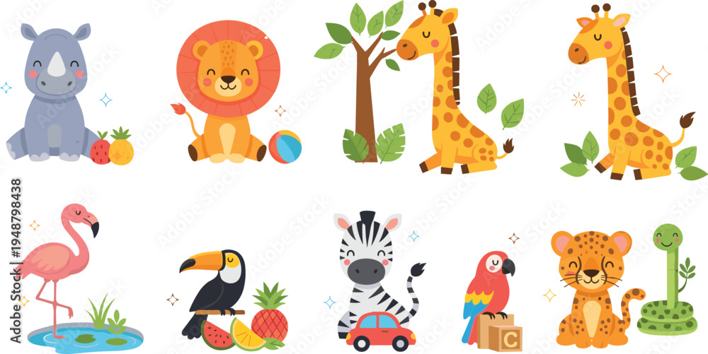 Obraz premium Cute safari animals cartoon vector set with lion giraffe zebra rhino flamingo toucan parrot leopard snake kids illustration