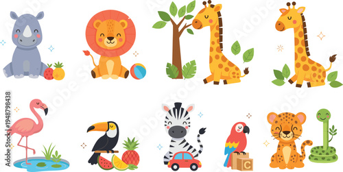 Cute safari animals cartoon vector set with lion giraffe zebra rhino flamingo toucan parrot leopard snake kids illustration
