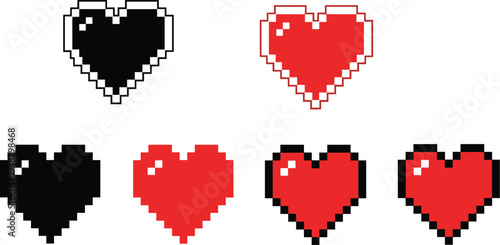 Set of pixel art heart icons in red and black styles featuring outline and flat designs for retro gaming health bars and romantic stickers