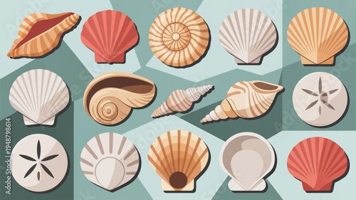 Assorted seashells on a decorative background showcasing various shapes and colors of marine shells