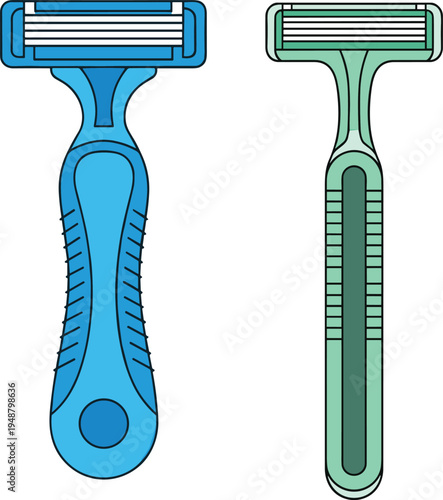 "Two razors with ergonomic and slim handle designs featuring textured grips and multi-blade heads, representing shaving tools, grooming products, and personal care essentials"