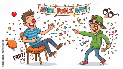 Joyful cartoon scene of two friends celebrating April Fools' Day with a classic whoopee cushion prank, evoking laughter and playful fun