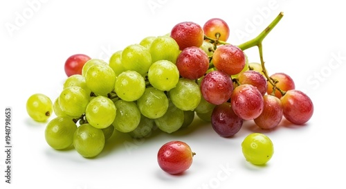 A vibrant cluster of fresh green and red grapes, some scattered, displayed on a clean white background, highlighting their natural beauty and ripeness.
