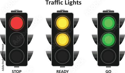 "Traffic light illustration showing red stop, yellow ready, and green go signals with labels, representing road safety, driving rules, and transportation control design"