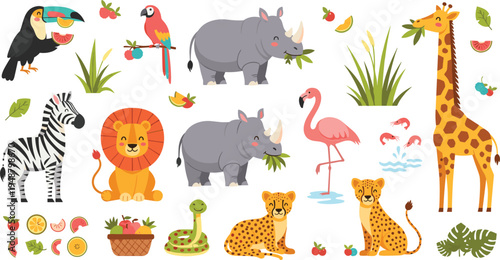 Cute safari animals jungle cartoon vector set with giraffe lion zebra rhino flamingo leopard snake tropical elements