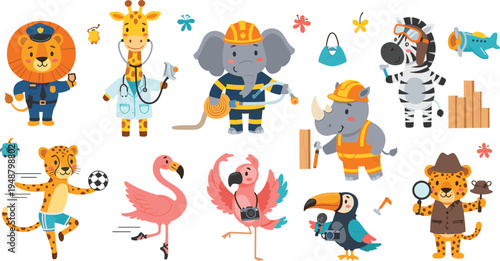Cute safari animals professions cartoon vector set with lion police giraffe doctor elephant firefighter zebra pilot leopard photographer